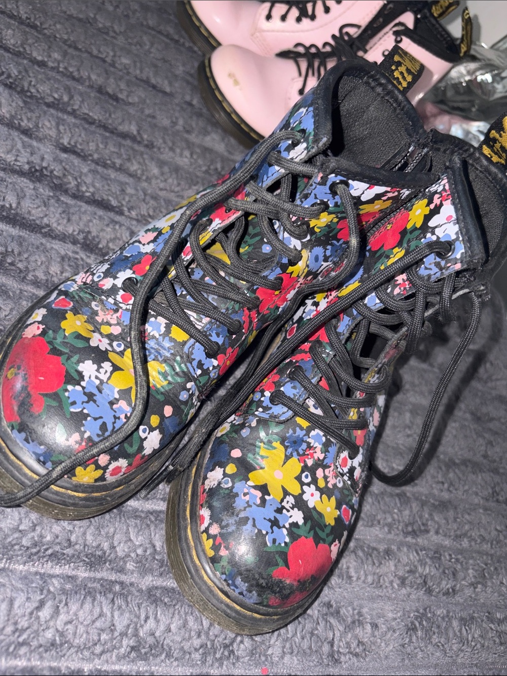 Dr. Martens Black Floral Lace-Up Boots with Red, Yellow & Blue Flowers